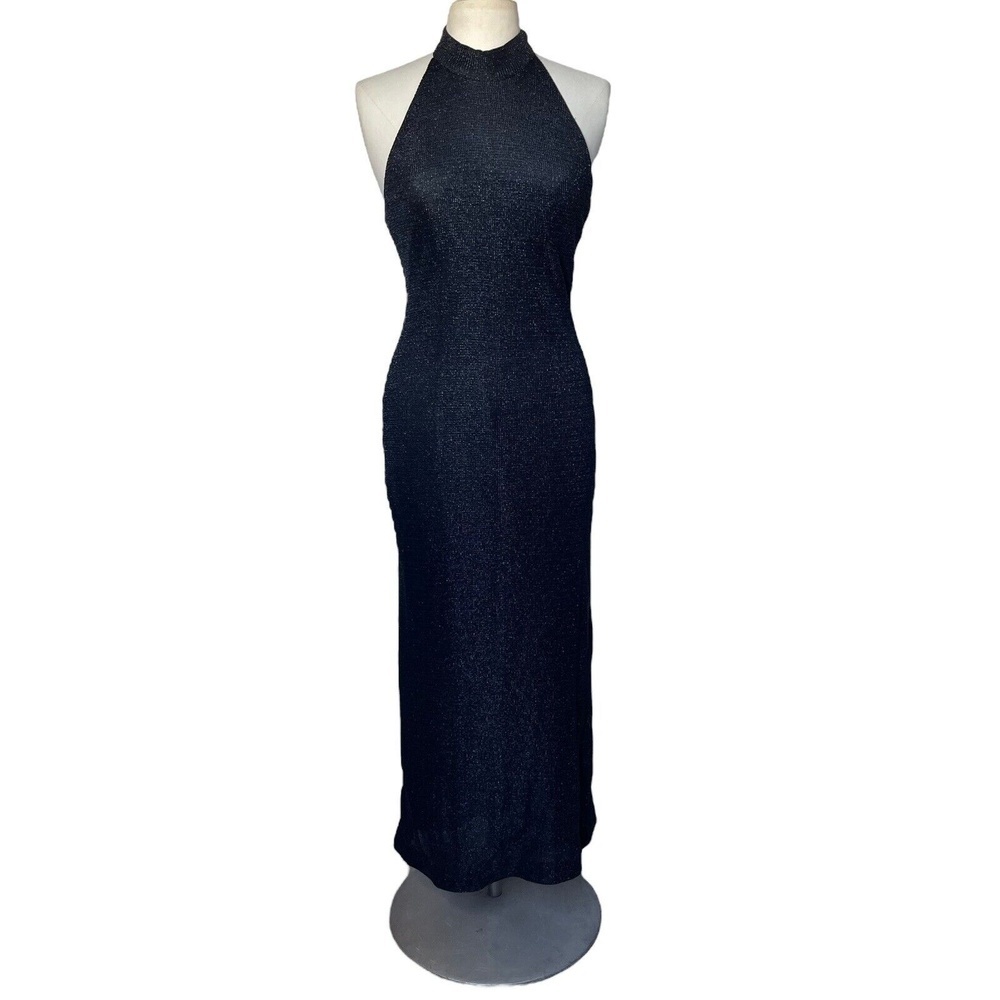 Vintage 80s UNBRANDED Black Halter Dress Long Metallic Knit Shimmering Dinner